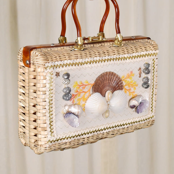 1950s Vintage Seashell Wicker Handbag Cats Like Us