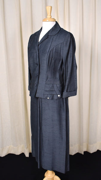 1950s Vintage Silk Navy Skirt Suit Cats Like Us