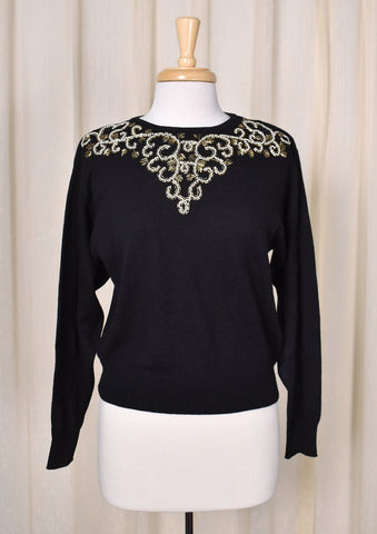 1950s Vintage Style Pearl Black Sweater Cats Like Us