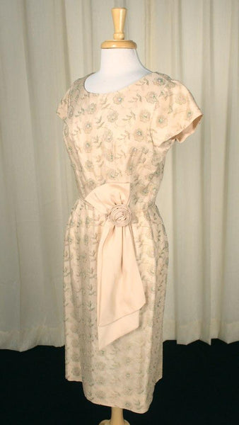 1950s Vintage Tan Floral Emb Dress Cats Like Us