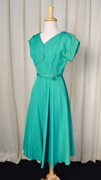 1950s Vintage Teal Rhinestone Swing Dress Cats Like Us