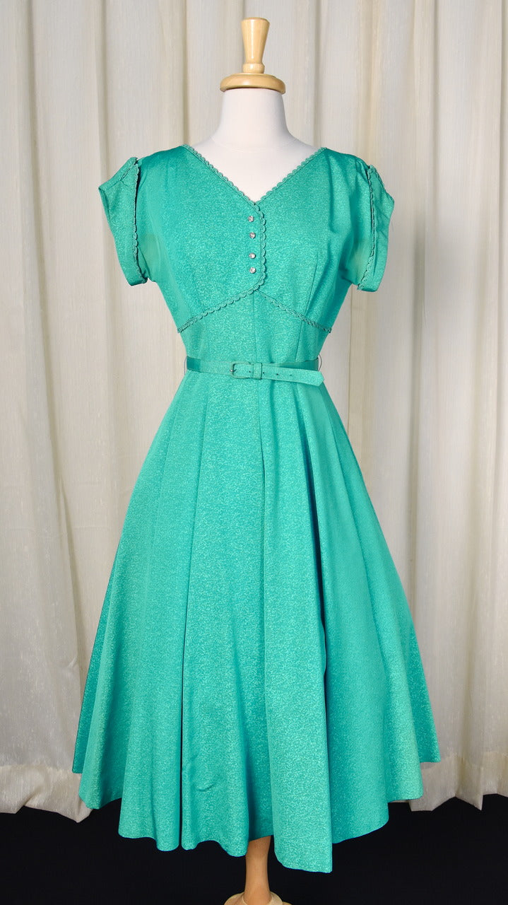 1950s Vintage Teal Rhinestone Swing Dress Cats Like Us