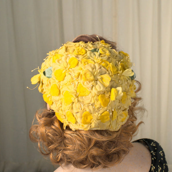 1950s Vintage Yellow Floral Cap Hat Cats Like Us