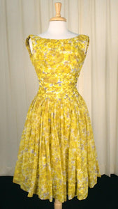 1950s Vintage Yellow Floral Party Dress Cats Like Us