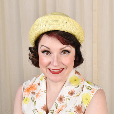 1950s Yellow Straw Hat w Bow Cats Like Us