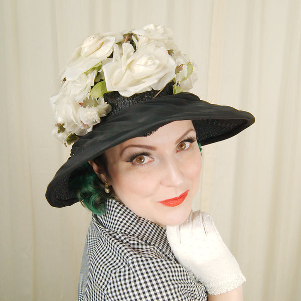 1960s Black & Ivory Floral Hat Cats Like Us