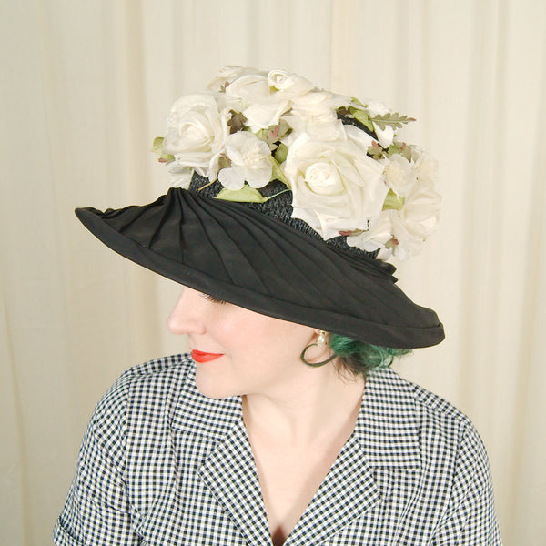 1960s Black & Ivory Floral Hat Cats Like Us