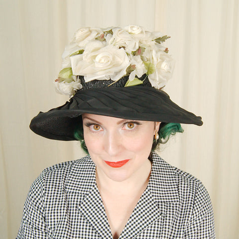 1960s Black & Ivory Floral Hat Cats Like Us