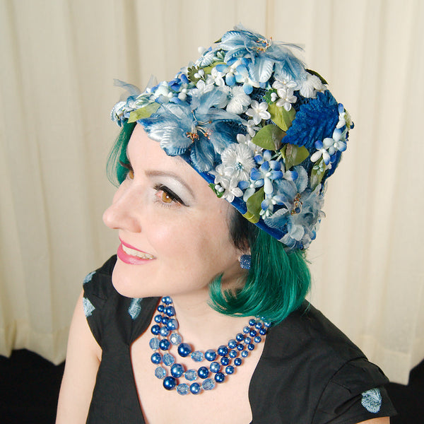 1960s Blue Velvet Floral Hat Cats Like Us