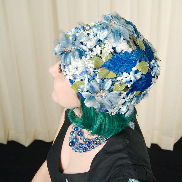 1960s Blue Velvet Floral Hat Cats Like Us