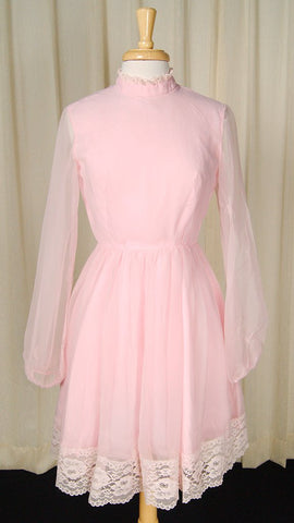 1960s Chiffon Pink Lace Dress Cats Like Us