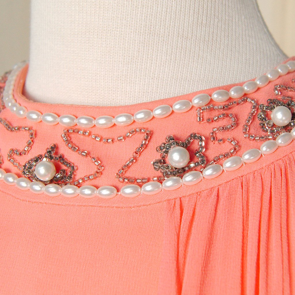 1960s Coral Beaded Maxi Dress