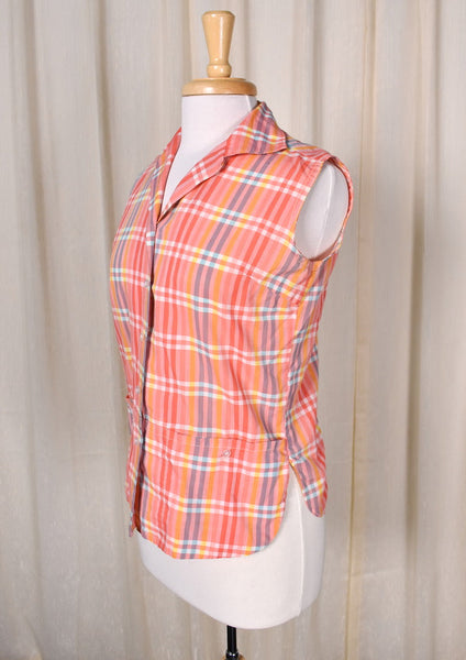 1960s Coral Plaid Pocket Blouse Cats Like Us