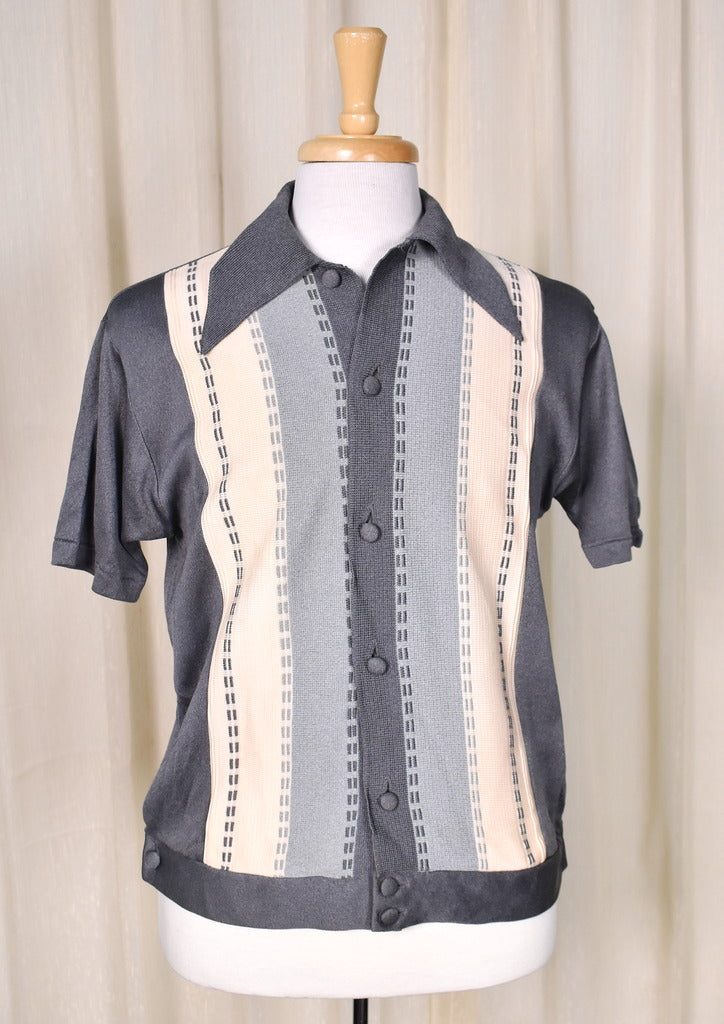 1960s Gray Striped Vintage Knit Shirt Cats Like Us