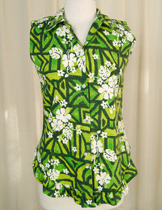 1960s Grn Hibiscus Ruffle Shirt Cats Like Us