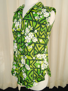 1960s Grn Hibiscus Ruffle Shirt Cats Like Us