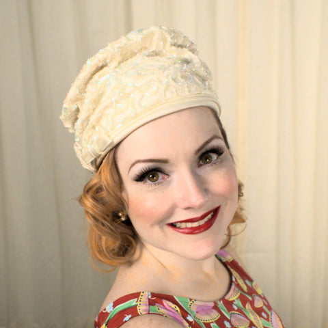 1960s Ivory Sequin Slouch Hat Cats Like Us
