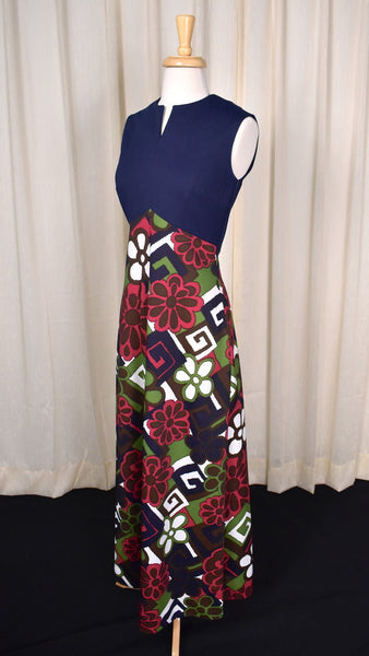 1960s Navy Floral Maxi Dress Cats Like Us