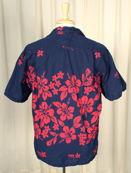 1960s Navy & Red Hibiscus Vintage Shirt Cats Like Us