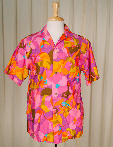 1960s Neon Pink Hawaiian Shirt Cats Like Us