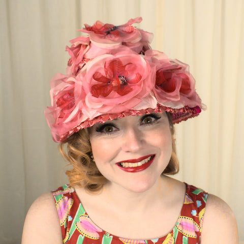 1960s Pink Floral Raffia Hat Cats Like Us