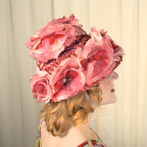 1960s Pink Floral Raffia Hat Cats Like Us
