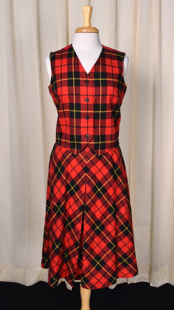 1960s Red Plaid Skirt & Vest Set Cats Like Us