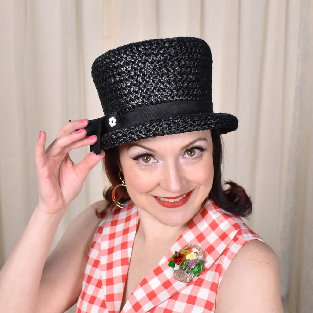 1960s Tall Black Raffia Hat – Cats Like Us display picture 2