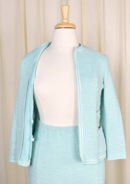 1960s Vintage Aqua Boucle Skirt Suit Cats Like Us