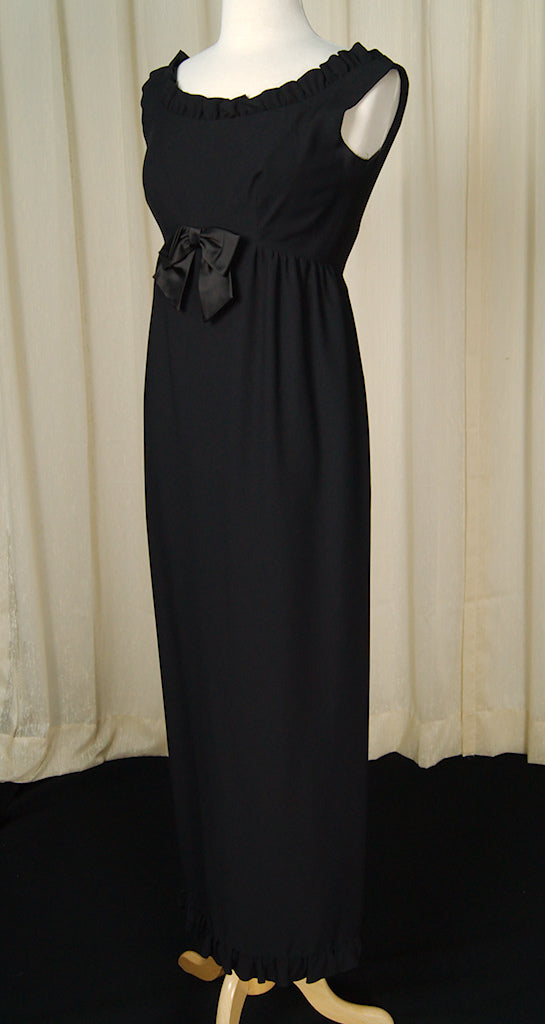 1960s Vintage Black Ruffle Maxi Dress