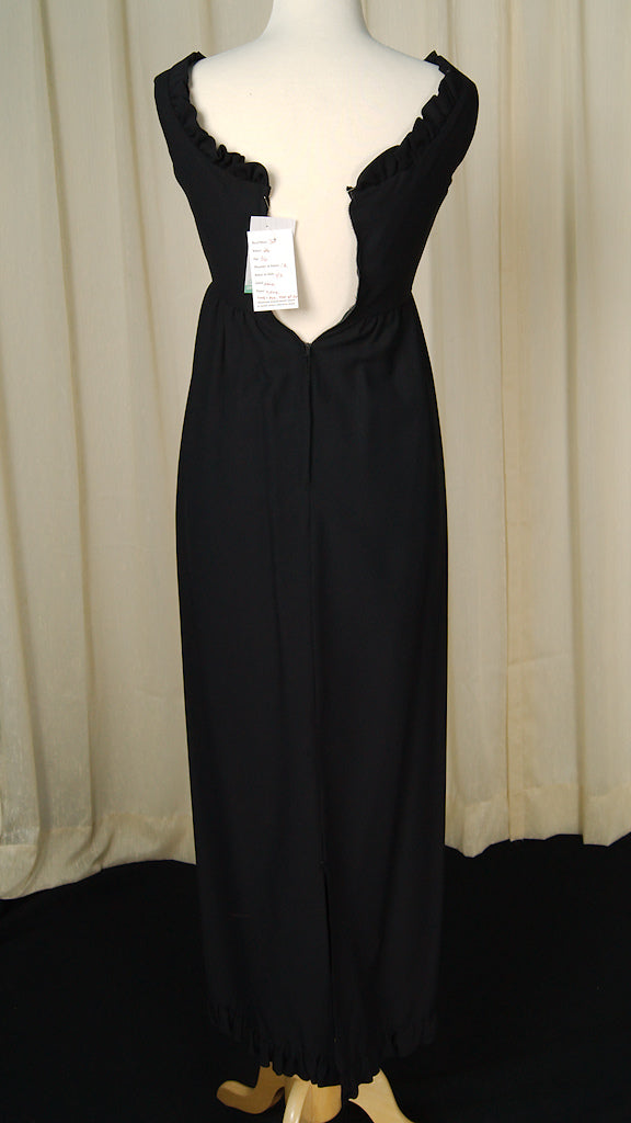 1960s Vintage Black Ruffle Maxi Dress