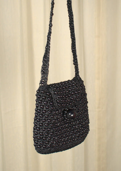 1960s Vintage Black Wood Bead Handbag Cats Like Us