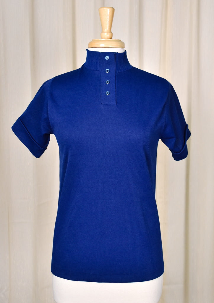1960s Vintage Blue Button Mock Neck Top Cats Like Us