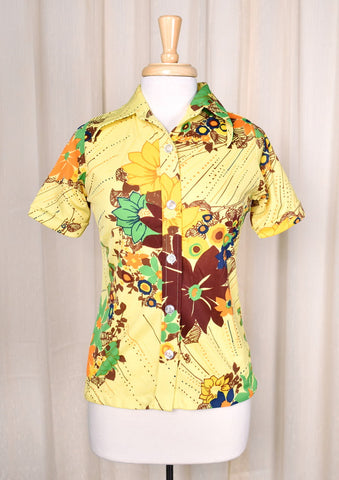 1960s Vintage Funky Yellow Floral Shirt Cats Like Us