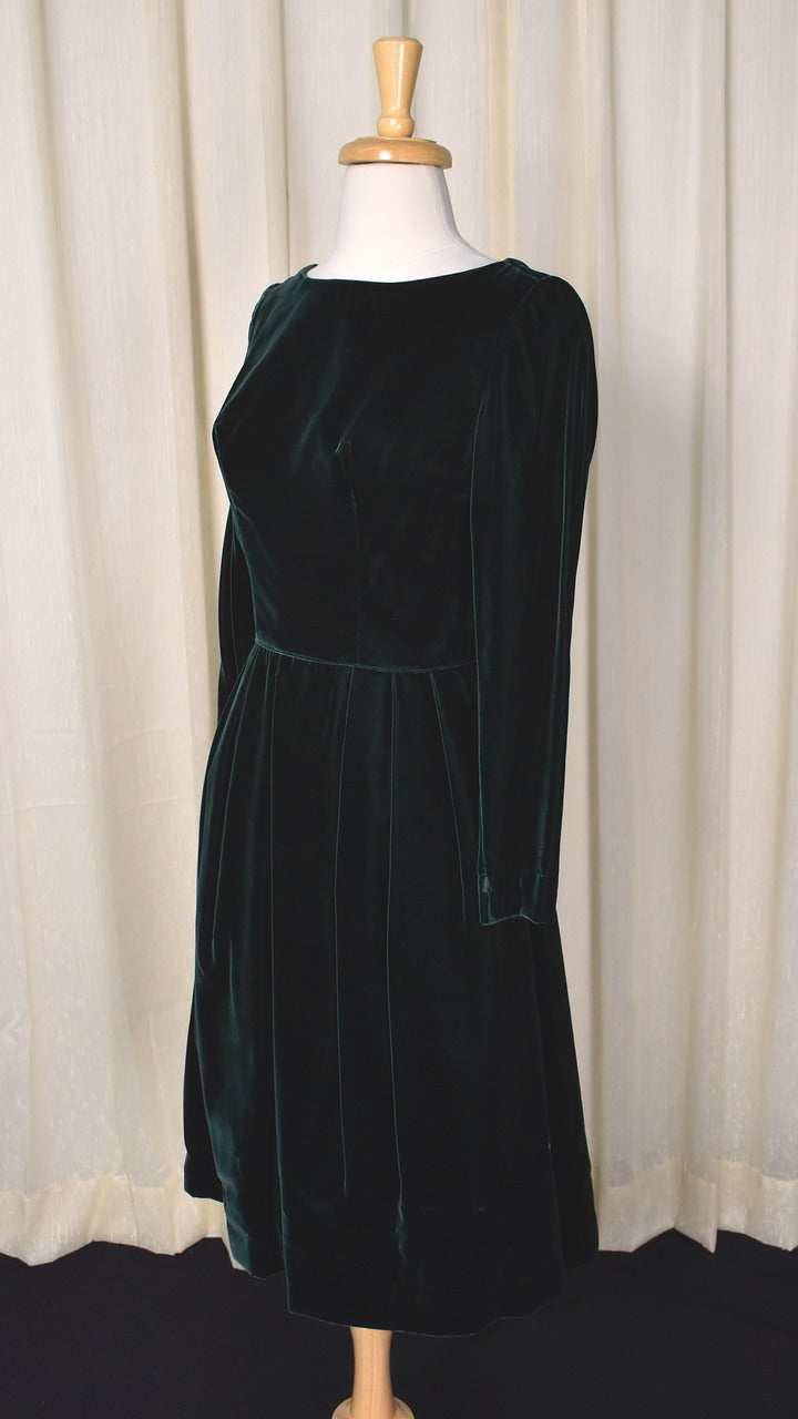 1960s Vintage Jade Green Velvet Dress