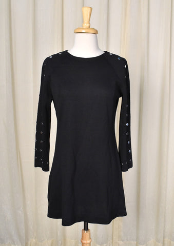 Vintage 1970s High Neck Wool Dress Medium Mod Gogo Little Black Dress