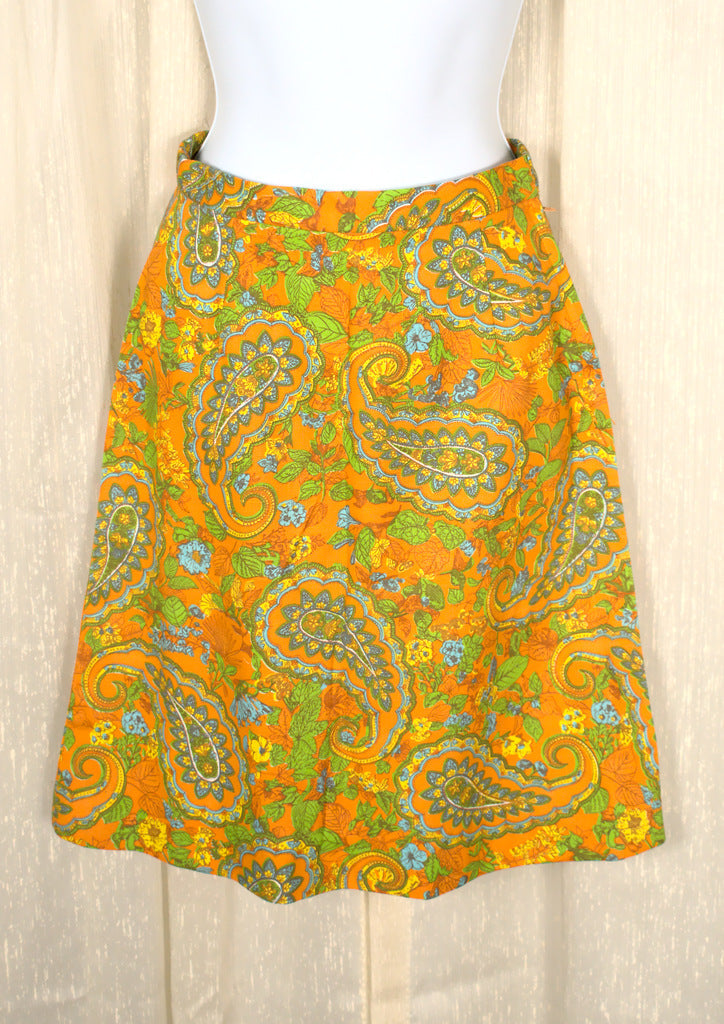 1960s Vintage Neon Orange Paisley Skirt Cats Like Us