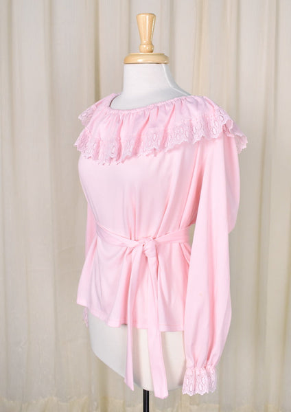 1960s Vintage Pink Ruffle & Lace Blouse Cats Like Us