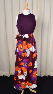 1960s Vintage Plum Poppies & Butterflies Maxi Dress Cats Like Us
