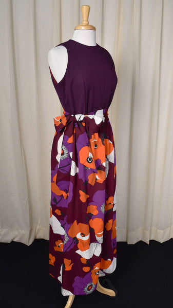 1960s Vintage Plum Poppies & Butterflies Maxi Dress Cats Like Us