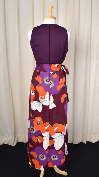 1960s Vintage Plum Poppies & Butterflies Maxi Dress Cats Like Us