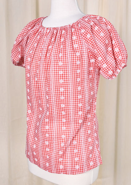 1960s Vintage Red Gingham Peasant Top Cats Like Us