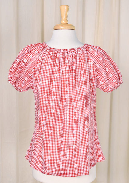 1960s Vintage Red Gingham Peasant Top Cats Like Us