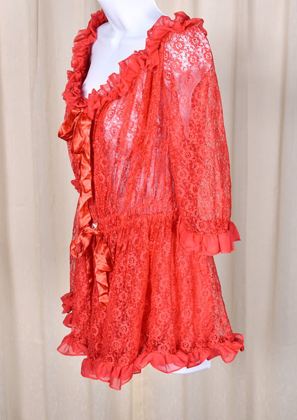 1960s Vintage Red Lace Babydoll 2pc Set Cats Like Us