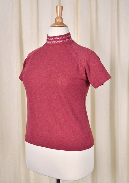 1960s Vintage Rose Pink Emb SS Knit Top Cats Like Us