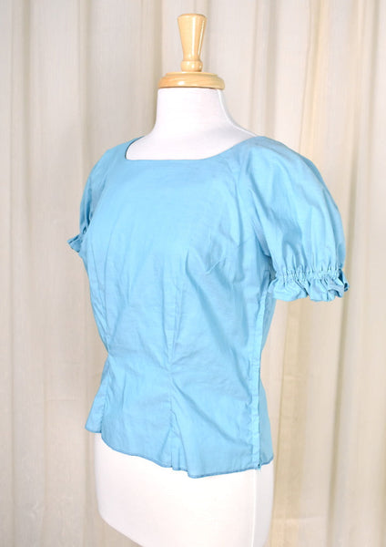 1960s Vintage Sky Blue Peasant Top Cats Like Us