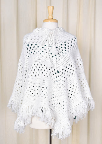 1960s Vintage White Handmade Poncho Cats Like Us