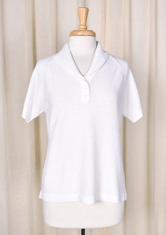 1960s Vintage White Knit SS Polo Top Cats Like Us
