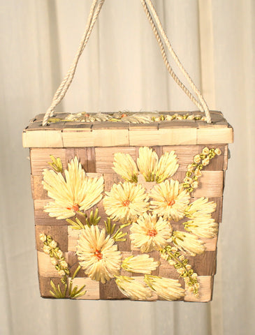 1960s Vintage Yellow Raffia Box Handbag Cats Like Us