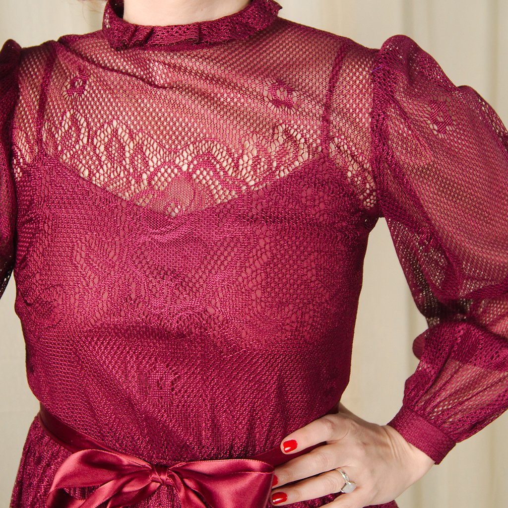 knee length dresses for ladies Vintage 1970s Burgundy Lace Witch Dress – Cats Like Us